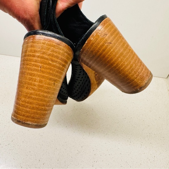 Mimosa Black Genuine Soft Leather Shoes Peep Toe Stacked Heel Sandals Sz 37 - Picture 15 of 15